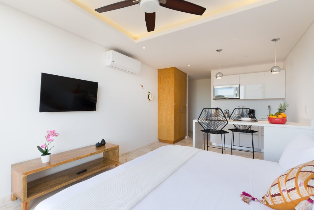 Studio Penthouse bedroom and kitchen